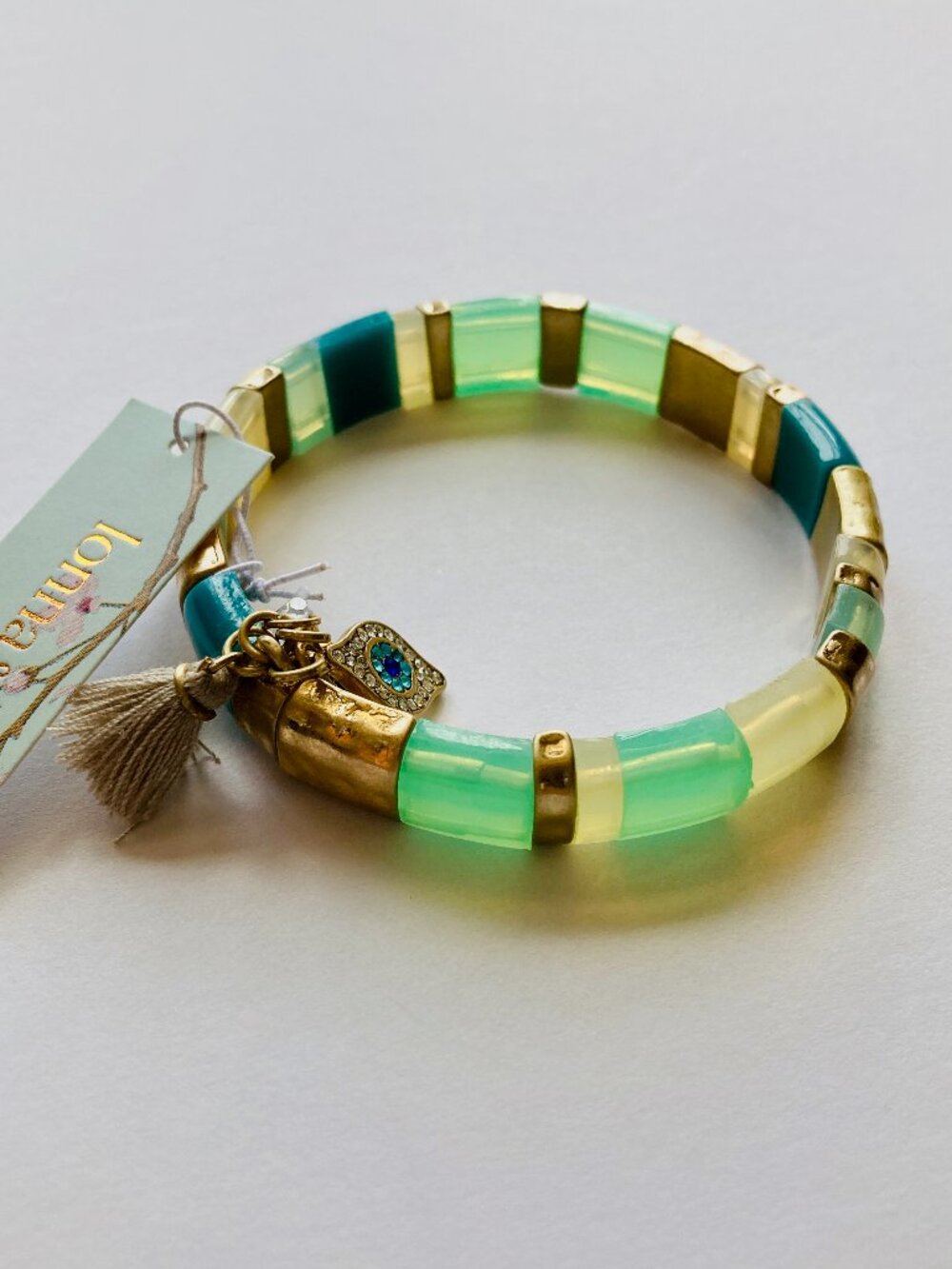 NWT Lonna & Lilly Stretch Chiclet Bracelet Sea Green Gold Tone Evil Eye Charm